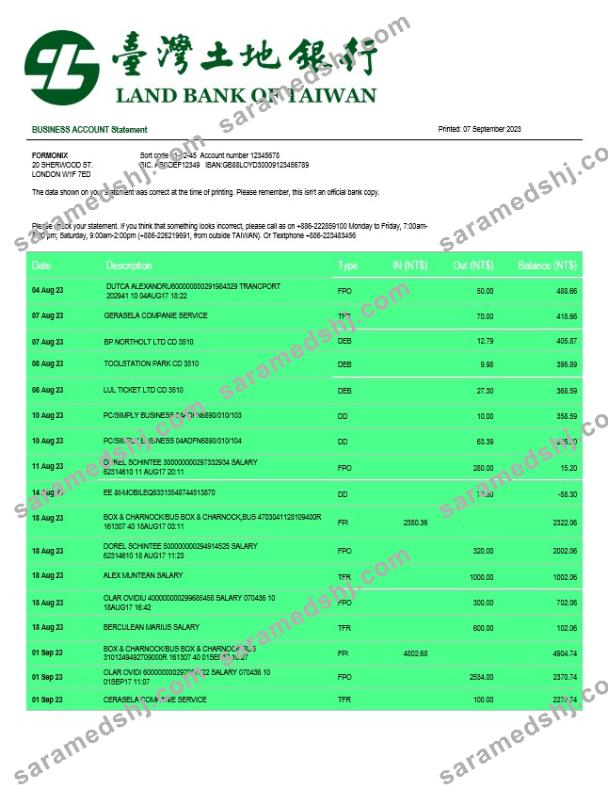 Land Bank of Taiwan firm account statement Word and PDF template